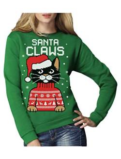 Green Turtle T-Shirts Santa Claws Krallen - Katzenliebhaber Damen Weihnachtspullover Frauen Sweatshirt Small Grün von Green Turtle T-Shirts