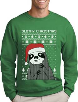 Green Turtle T-Shirts Slothy Christmas Faultier mit Nikolausmütze Herren Weihnachtpullover Sweatshirt Large Grün von Green Turtle T-Shirts