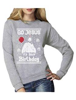 Green Turtle T-Shirts Ugly Christmas Sweater Go Jesus It's Your Birthday Frauen Sweatshirt Medium Grau von Green Turtle T-Shirts