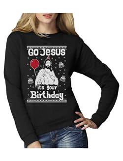 Green Turtle T-Shirts Ugly Christmas Sweater Go Jesus It's Your Birthday Frauen Sweatshirt Medium Schwarz von Green Turtle T-Shirts