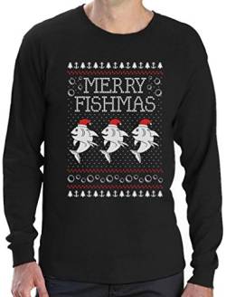 Merry Fishmas Ugly Weihnachts-Motiv Langarm T-Shirt Large Schwarz von Green Turtle T-Shirts