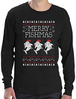 Merry Fishmas Ugly Weihnachts-Motiv Langarm T-Shirt Medium Schwarz von Green Turtle T-Shirts