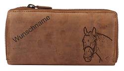 Greenburry Vintage Leder Damen Geldbörse Brieftasche Pferdemotiv inkl. Wunschname Braun 19x10x2,5cm von Greenburry