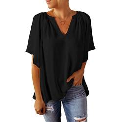 Bluse Damen Elegant Einfarbige Oberteil Kurzarm Chiffon Bluse mit V-Ausschnitt und Kurzen Flatter Ärmel Lässige Hemdbluse T-Shirt Sommer (L) von Greensen