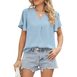 Bluse Damen Elegant Plissert Oberteil Kurzarm Chiffon Bluse V-Ausschnitt mit Kurzen Flatter Ärmel Lässige Einfarbige Hemdbluse T-Shirt Sommer (XL) von Greensen