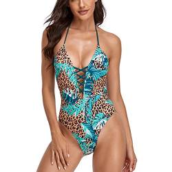 Damen Badeanzug Neckholder Triangel V Ausschnitt Rückenfrei Raffungen Einteilige Bauchweg Bademode Swimsuit(m-Grün) von Greensen