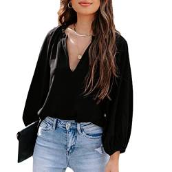 Damen Bluse V-Ausschnitt Elegant Oberteile Einfarbig Tops Lässige Lockere Langarmshirts Tunika Langarm Casual Hemd Lose T-Shirt(L-Schwarz) von Greensen