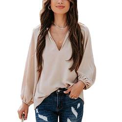 Damen Bluse V-Ausschnitt Elegant Oberteile Einfarbig Tops Lässige Lockere Langarmshirts Tunika Langarm Casual Hemd Lose T-Shirt(S-Khaki) von Greensen