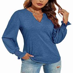 Damen Bluse V-Ausschnitt Rüschen Langarmshirt Elastische Bündchen Top Shirt Langarm Reine Farbe Sweatshirt Lose Lässig Basic Oberteile Pullover(L-Blau) von Greensen