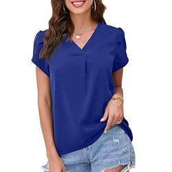 Damen Casual T-Shirt, Kurzarm V-Ausschnitt Bluse Elegant lässige Tunika Longshirt Bluse Einfarbig Oberteile lockere Bluse Shirt (XL-Blau) von Greensen