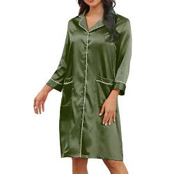 Damen Elegant Nachtwäsche Reine Farbe V-Ausschnitt Nachthemd Knielang Sleepshirt Locker Negligee Sleepwear Schlafhemd mit Taschen(XL-OD-Grün) von Greensen