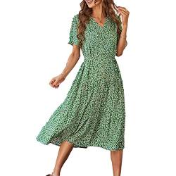 Greensen Damen Elegant Sommerkleider V-Ausschnitt Kleid Hohe Taille Maxikleid Partykleid Lange Strandkleider Sommer Freizeitkleid(S-Grün) von Greensen