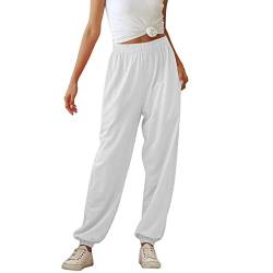 Greensen Damen Freizeit Hose Casual Elastische Trainingshose Einfarbig Freizeithose Elastische Taille Lange Jogginghose (L-Weiß) von Greensen