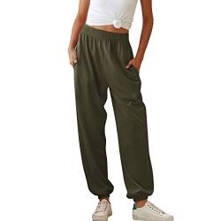 Greensen Damen Freizeit Hose Casual Elastische Trainingshose Einfarbig Freizeithose Elastische Taille Lange Jogginghose (M-Armeegrün) von Greensen