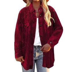 Greensen Damen Hemdjacke Langarm Button Down Bluse Umlegekragen Cordhemd mit Taschen Lässige Cordjacke Tunika Herbst Mantel (S) von Greensen