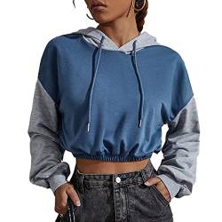 Greensen Damen Kapuzenpullover Kurz Crop Top Hoodie Langarm Lose Lässige Sweatshirt Farbblock Elastischer Pullover mit Kapuze(XS-Pfauenblau) von Greensen