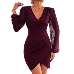 Greensen Damen Netz Figurbetontes Kleid, Damen Kleid Minikleid Langarm Kleider Elegant Vintage Bleistift Kleider Partykleid Knielang Übergoß Bleistift Einfarbig Party Kleider (S-Weinrot) von Greensen