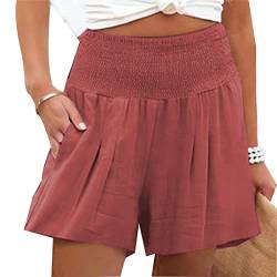 Greensen Sommer Lässige Kurze Hose, Elastische Taille Sport Strand Hosen Damen Shorts High Waist Hotpants Einfarbig Freizeit Shorts mit Taschen(XL-Bräunlichrot) von Greensen