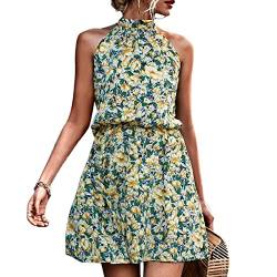Sommerkleid Damen Neckholder Kleid Elegantes Ärmelloses Strandkleid A-Linien Kleid Elastisches Taillenkleid lässig Kleid(S-Gelb) von Greensen