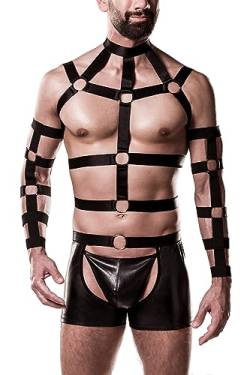 Grey Velvet 5-teilges Herren fetisch Wetlook Harness-Set schwarz aus Harness Top, Kurze Chaps, EIN Paar Armstulpen und String L/XL von Grey Velvet