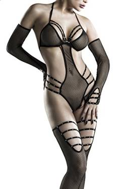Grey Velvet Erotisches Frauen Dessous Body-Set schwarz aus Body, Stockings, Handschuhe aus Netzstoff und Gummibänder OneSize XS-M von Grey Velvet