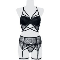 Grey Velvet - Gothic Wäsche-Set - 3-teiliges Spitzen Harness-Bra Set - S bis XL - für Damen - Größe L - schwarz von Grey Velvet