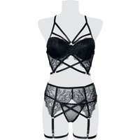 Grey Velvet - Gothic Wäsche-Set - 3-teiliges Spitzen Harness-Bra Set - S bis XL - für Damen - Größe XL - schwarz von Grey Velvet