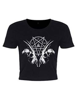 Damen kurz geschnittenes T-Shirt Goat Skull Pentagram Crop Top schwarz von Grindstore