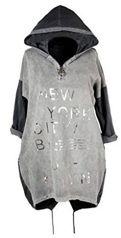 Grisodonna Style Damen Kapuzen Pullover Long Hoodie Langarm Shirt Tunika Kleid Silber metallic Print 38 40 42 44 46 M L XL XXL Sport Freizeit Party Jeans Grau New York (38) von Grisodonna Style