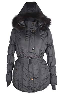 Grisodonna Style Damen kurze Winter Jacke Steppjacke Fell Kapuze Parka 34 36 38 40 42 XS S M L XL Schwarz Anorak mit Gürtel (38) von Grisodonna Style