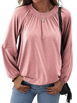 Grlasen Damenmode Solide Rundhals T Shirt Bluse Baumwolle Halbarm 3/4 Ärmel Casual Lose Falten Basic Tops, Z01-Pink, Mittel von Grlasen