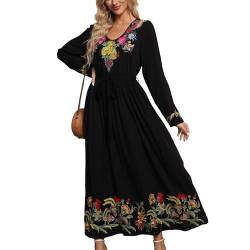 Grosy Langärmeliges mexikanisches Kleid für Damen, bestickt, für Herbst, Frühling, Bauernstil, traditionelles Blumenmuster, Boho-Maxikleider, Schwarz, X-Groß von Grosy