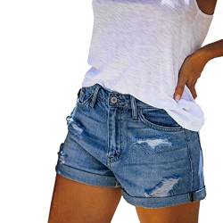 Gruwkue Jeansshorts für Damen,Jeansshorts für Damen | Dehnbare, zerrissene Jeansshorts mit mittlerer Taille und gefaltetem Saum,Blaue Jeansshorts für Damen, Sommershorts für den täglichen Gebrauch von Gruwkue