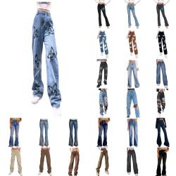 Gsheocm Kleidung Mädchen Teenager Jeanshosen Frauen breite Hosen Hosen gerade Bedruckte Damenbeinjeans Teenager Klamotten Mädchen Trend von Gsheocm