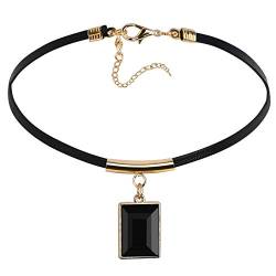 Choker Halsband Einstellbar Halskette Gliederkette Leder Rechteck Form Anhänger Gothic Halsband Gold Schwarz mit Zirkonia, 31.6+8 cm von Gualiy