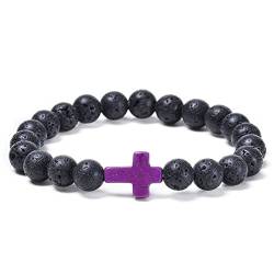 Gualiy Armband Frauen Perlen, 8mm Lavastein Armband mit Kreuz, Elastisches Perlen Armband 17CM von Gualiy