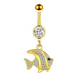 Gualiy Bauchnabelpiercing Edelstahl Fish mit Weiß Zirkonia Bauchnabel Piercing Schmuck Gold von Gualiy