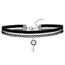 Gualiy Choker Halskette Samt Spitze Halsband Blumen Schlüssel Form Anhänger Hoker Maskenspiel Halsschmuck Silber Schwarz, 35+5CM von Gualiy