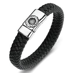 Gualiy Edelstahl Armband, Leder Armband Herren Schwarz Geflochten Armband mit Blume Muster 18.5CM Schmuck Herren Armband von Gualiy