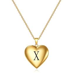 Gualiy Edelstahl Halskette für Frauen, Damen Halsketten Gold Öffenbar Herz Form Fotobox mit Buchstabe X Halsketten 45+5CM von Gualiy