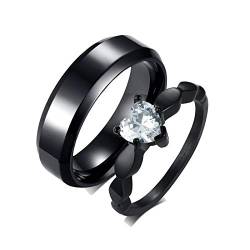 Gualiy Edelstahl Ring Herren Damen, Verlobungsringe Paar 6MM Schwarzer Ring, Ring mit Zirkonia Herz Ring Paare Damen 52 (16.6) & Herren 62 (19.7) von Gualiy