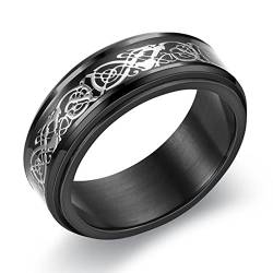 Gualiy Herren Ringe, Eheringe aus Edelstahl mit 8MM Drehbares Drachenmuster Ring für Herren Schwarz Silber, Größe 62 (19.7) von Gualiy