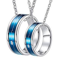 Gualiy Pärchen Kette Personalisiert, Halskette Paare Edelstahl 7mm Blau Rotierend Ring Herzschlag Halsketten Damen 54 + Herren 60 von Gualiy