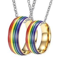 Gualiy Personalisierte Pärchen Kette, Pärchen Kette Edelstahl 8mm Gold LGBT Ring mit Regenbogen Emaille Paar Anhänger Damen 60 + Herren 67 von Gualiy