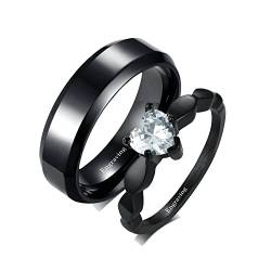 Gualiy Ring Für Männer Frauen Edelstahl, Verlobungsring Edelstahl 6MM Schwarzer Ring, Ring mit Zirkonia Herz Ring Paare Damen 52 (16.6) & Herren 54 (17.2) von Gualiy