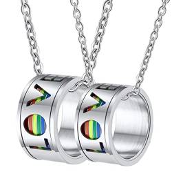 Halskette Gravur Paar, Herren Edelstahl Halskette Silber Drehbar LGBT Ring Love 11mm Anhänger Damen 65 + Herren 65 von Gualiy