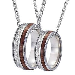 Halskette Paar Gravur, Halskette Set Edelstahl 8mm Silber Ring Einlegen Holz und Metall Anhänger Damen 60 + Herren 54 von Gualiy