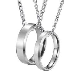 Halskette Paare mit Gravur, Unisex Halskette Edelstahl Silber Gebürstet Ring mit Schrägkante Halskette Damen 60 + Herren 60 von Gualiy