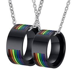 Halskette für Paare, Edelstahl Halskette mit Gravur Schwarz LGBT Ring mit Regenbogen Emaille 10mm Halskette Damen 57 + Herren 65 von Gualiy