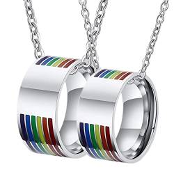 Halskette mit Anhänger Pärchen, Damen Halskette Edelstahl Gravur Silber LGBT Ring mit Regenbogen Emaille 10mm Paar Halskette Damen 57 + Herren 62 von Gualiy